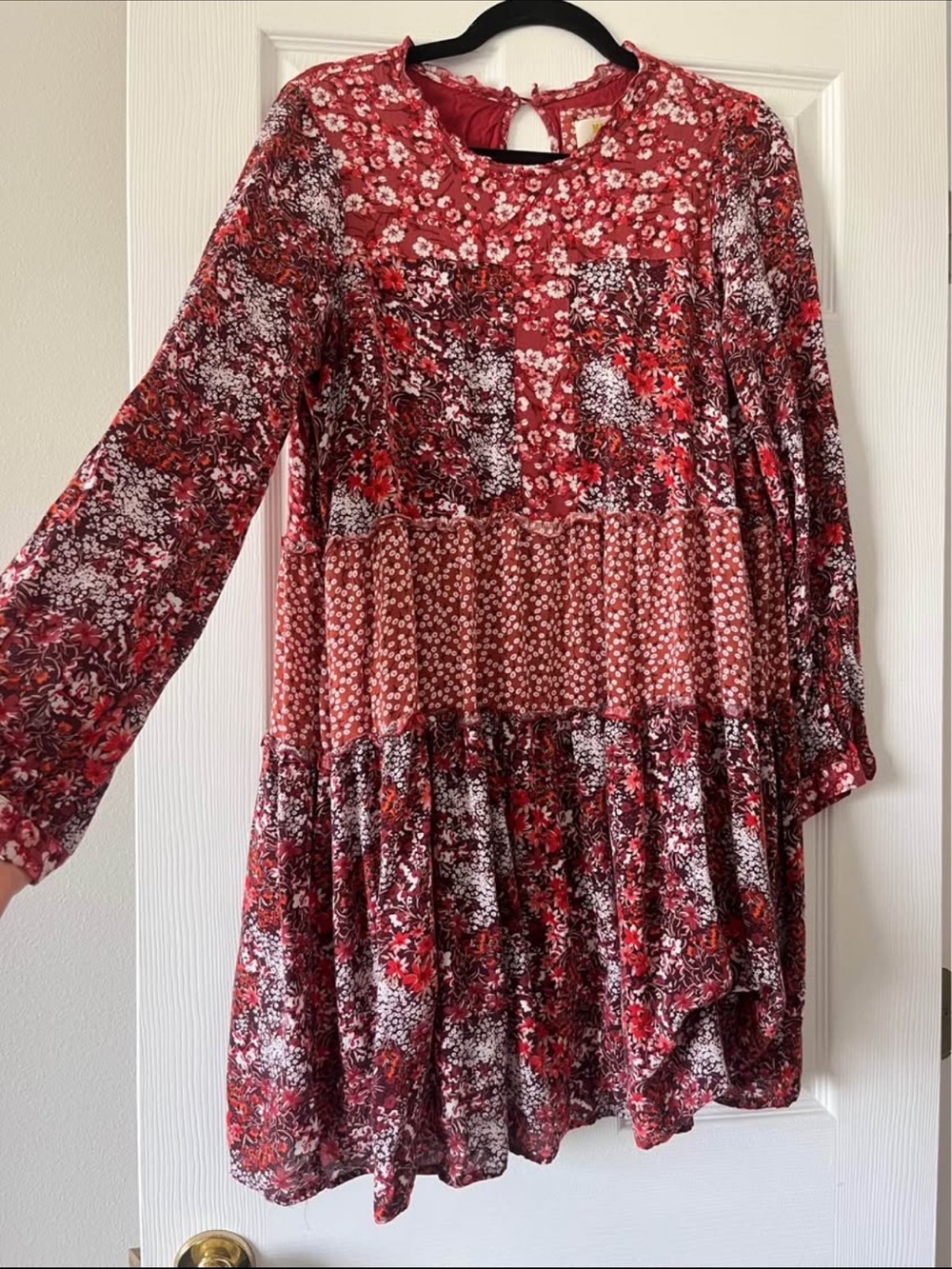 Anthropologie Red Floral Tiered Long-Sleeve Dress